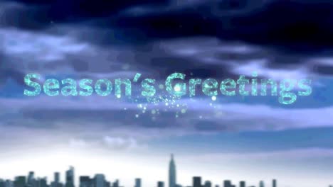 Animation-of-season's-greetings-text-with-fireworks-over-clouds