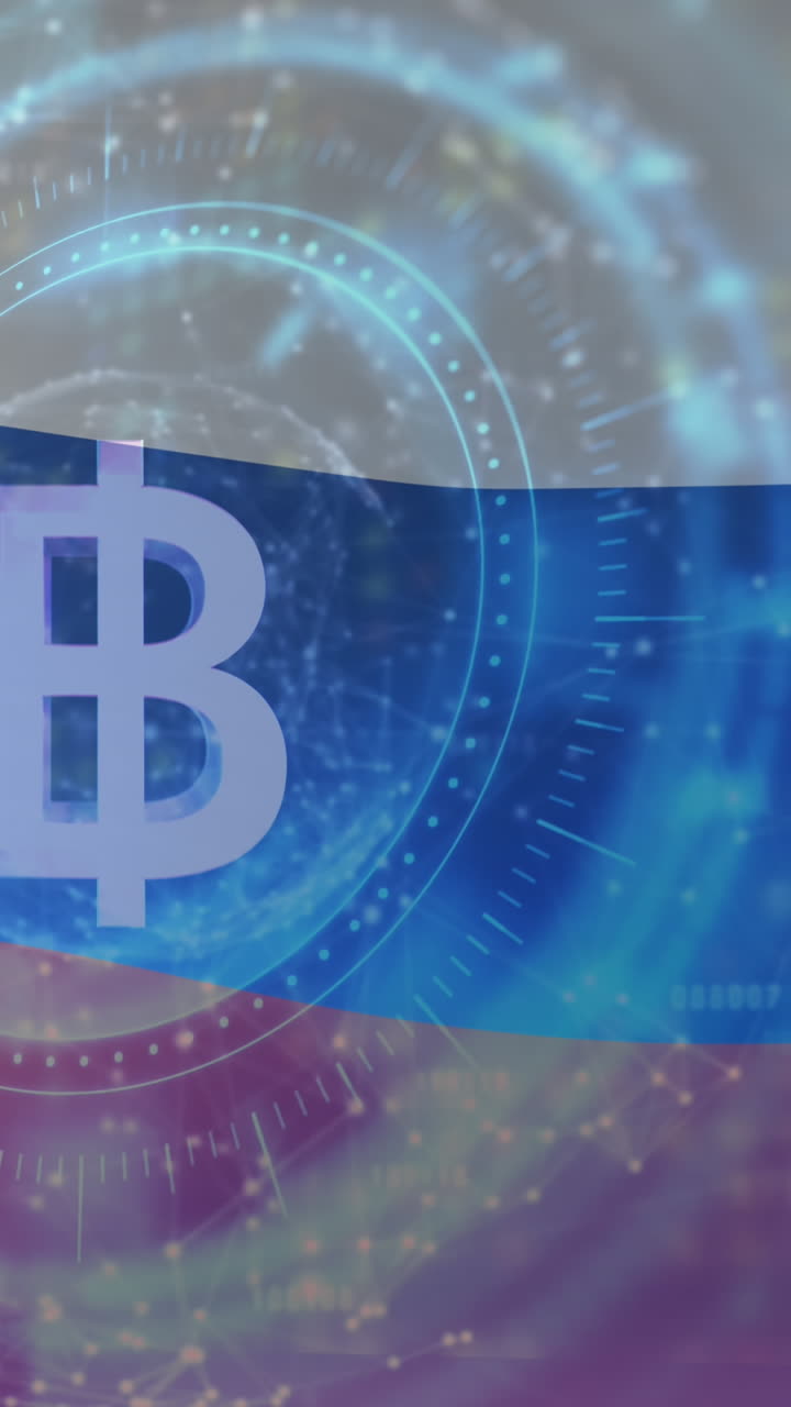 animación del escaneo del alcance y el símbolo de bitcoin sobre la bandera de rusia