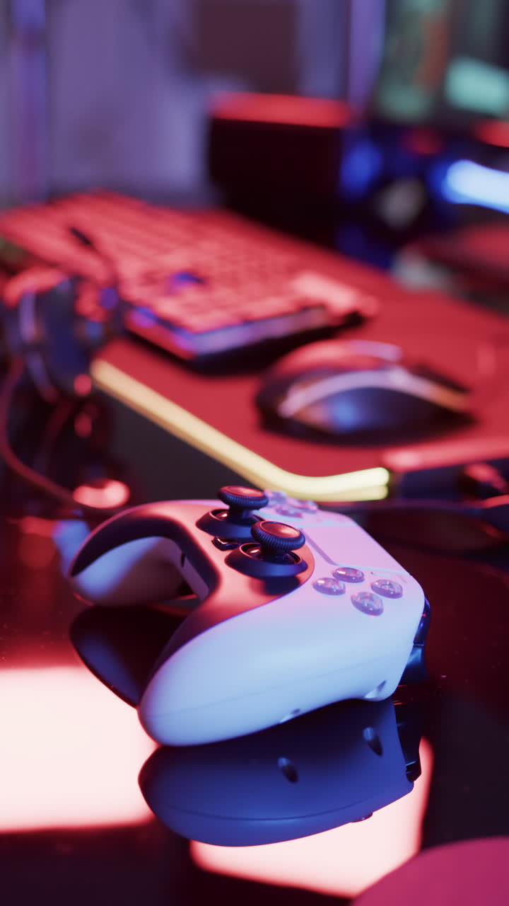 Vertical video of video game computer equipment with video game pad on neon background