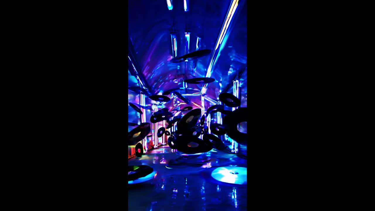 Vinyl records floating in mid air within a futuristic tunnel, illuminated by vibrant neon lights, create a mesmerizing blend of vintage charm and modern aesthetics