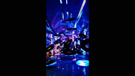 vinyl records floating in mid air within a futuristic tunnel, illuminated by vibrant neon lights, create a mesmerizing blend of vintage charm and modern aesthetics