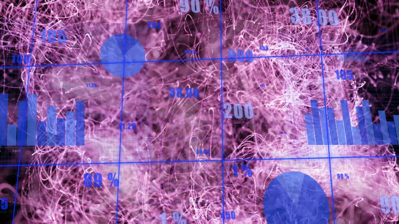 Displaying swirling pink-purple fiber HUD grid behind bottom-right blue pie chart and bar charts
