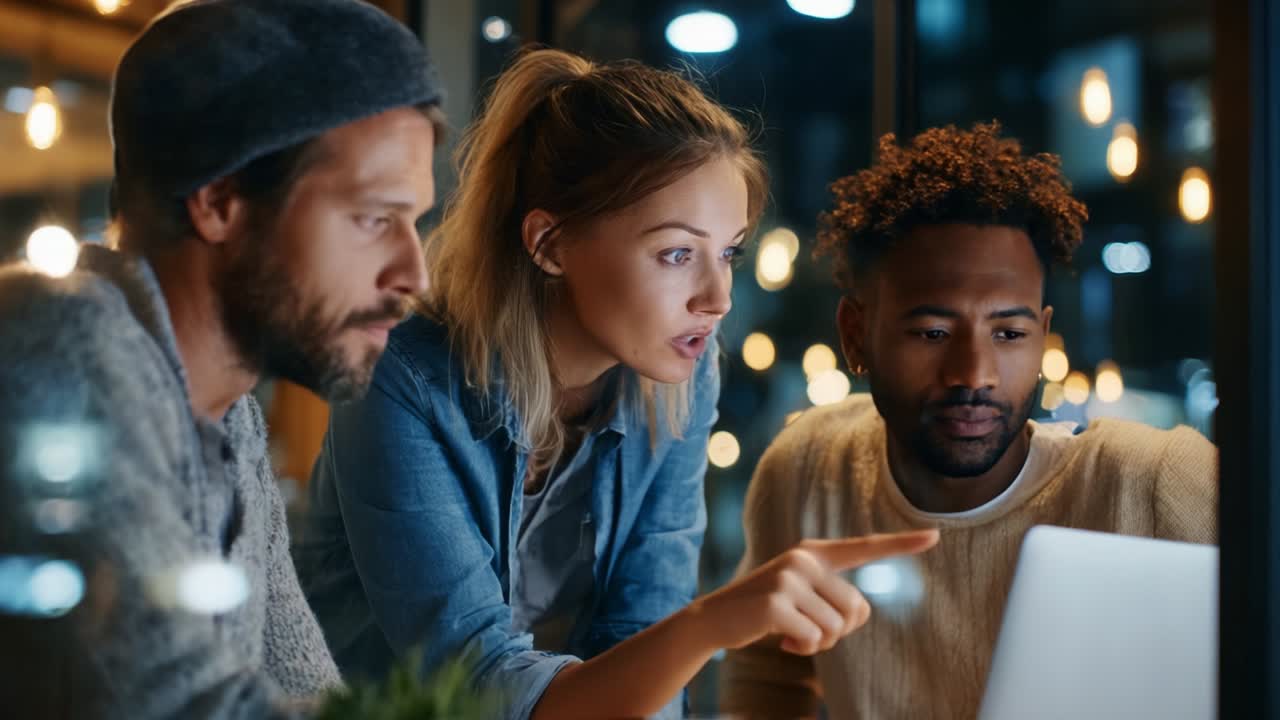 A group of three friends, two men and a woman, engaged in an animated discussion as they explore content on a laptop, illuminated by soft lights from the surrounding atmosphere, creating a cozy ambiance