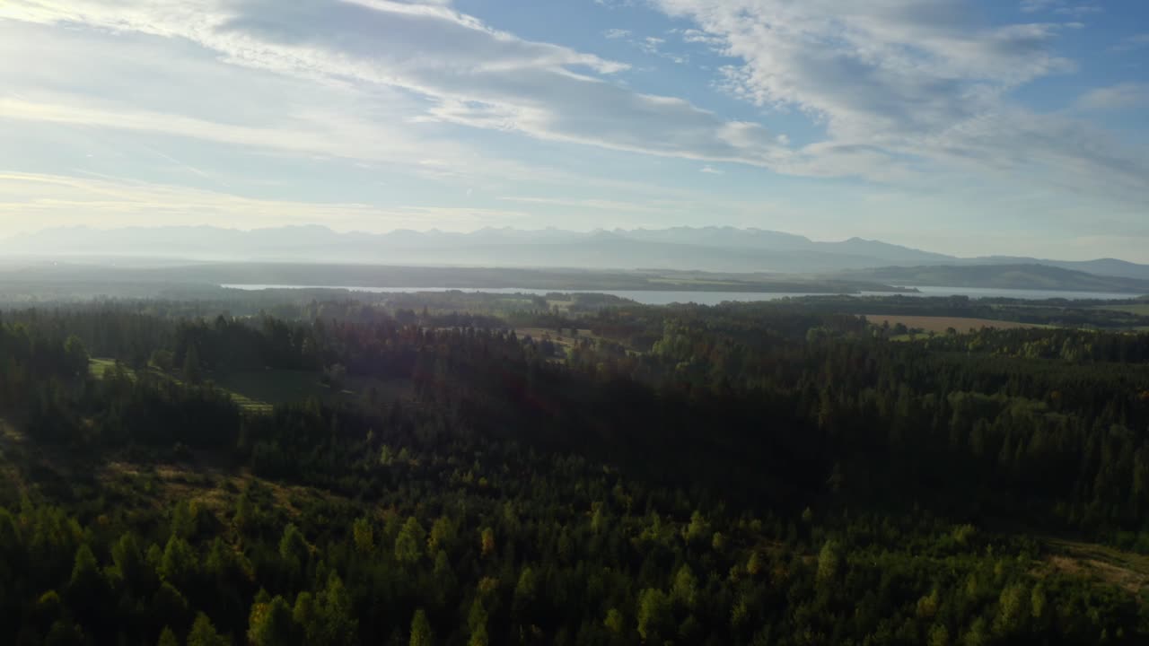 Scenic view of mountains, forest, and lake