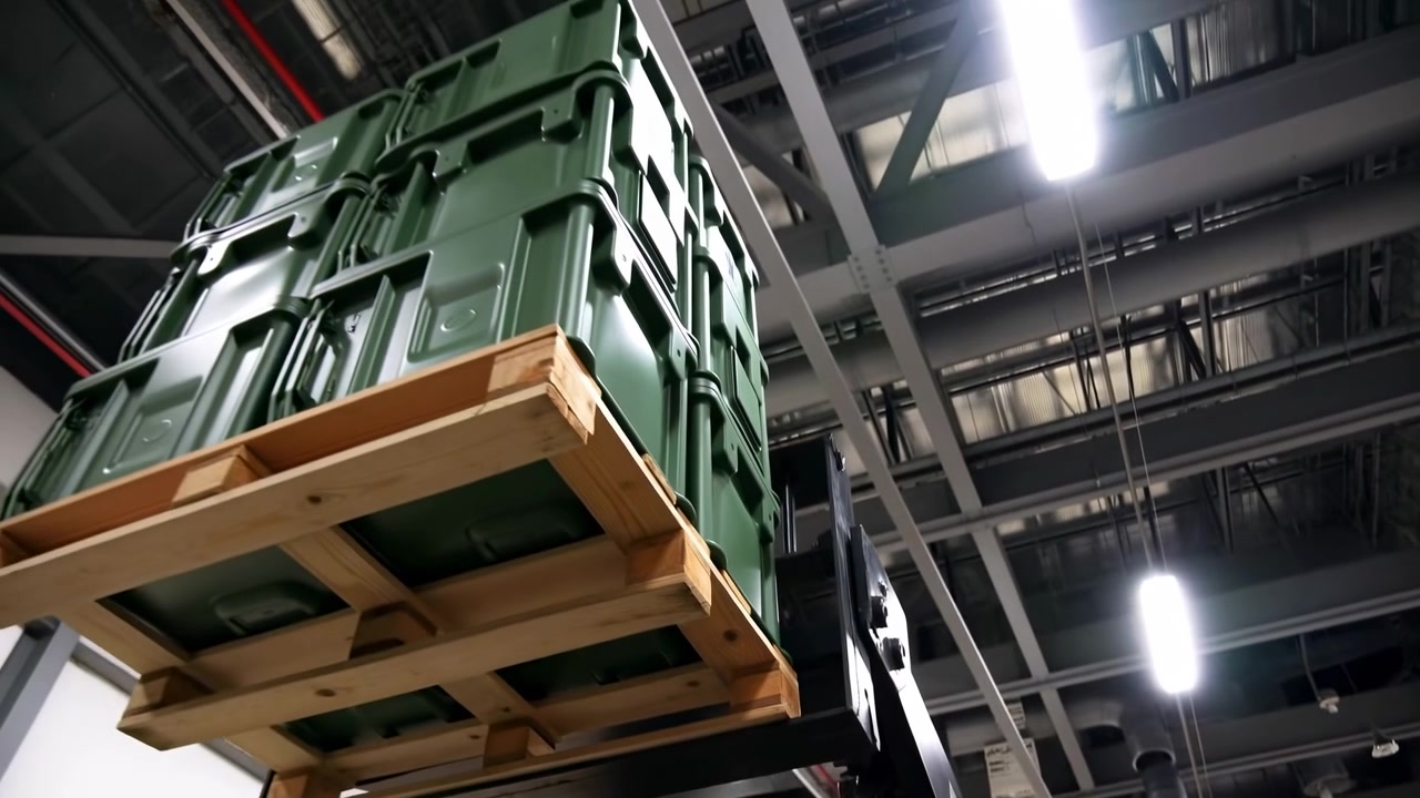 Прогрессивная последовательность складских операций от начала подъема до почти полного завершения, показывающая мачту и вилы вилочного погрузчика, поднимающие деревянный поддон, загруженный сложенными зелеными