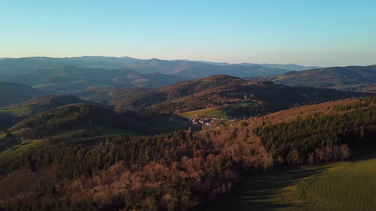 Drone View Of French Countryside With Forest, Hills And Domain In Ard&egrave;che under the sunset
