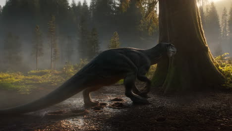 a dinosaur in a misty prehistoric forest