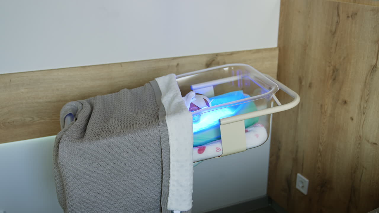 Transparent crib with newborn kid covered with blanket. The baby is cured from jaundice in maternity hospital.