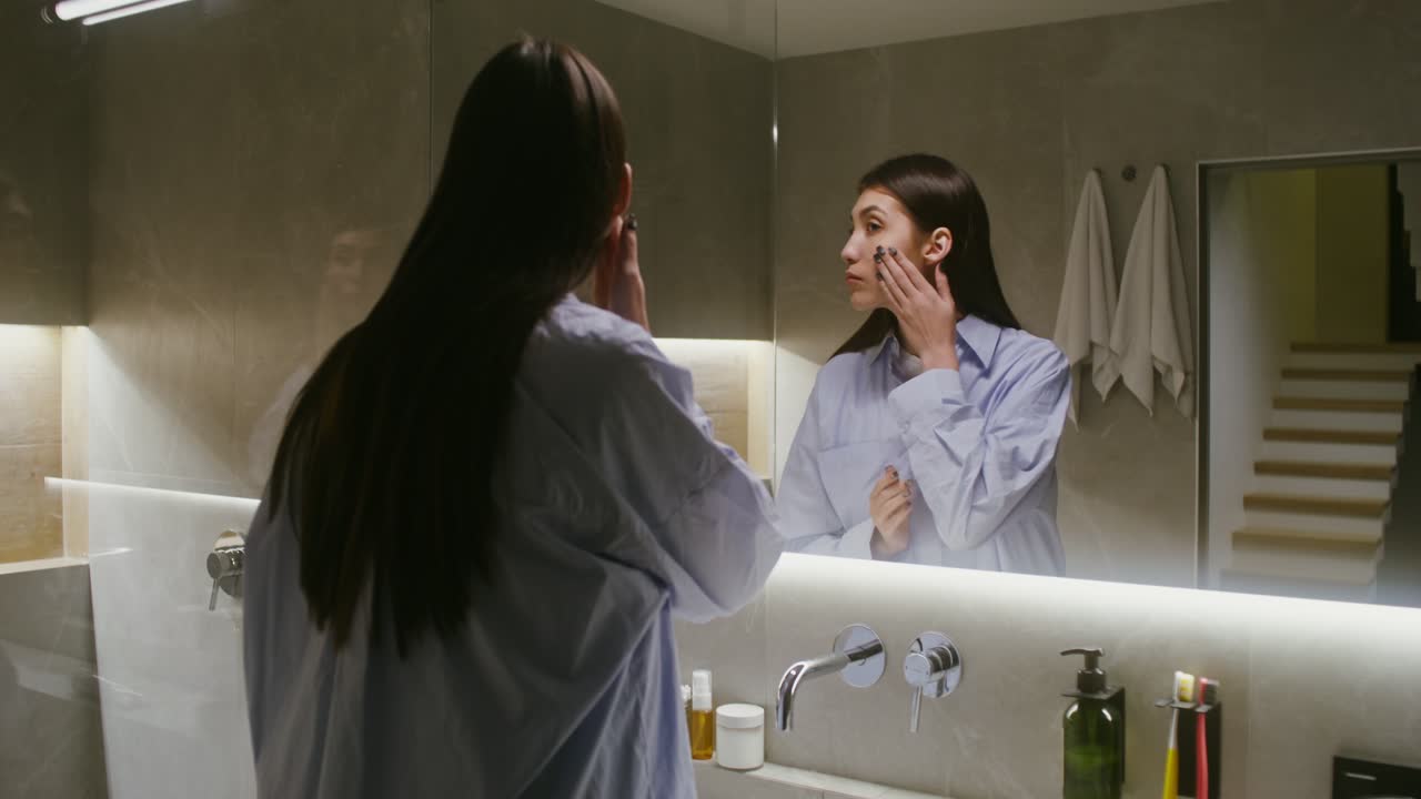 Donna che applica prodotti per la cura della pelle in bagno