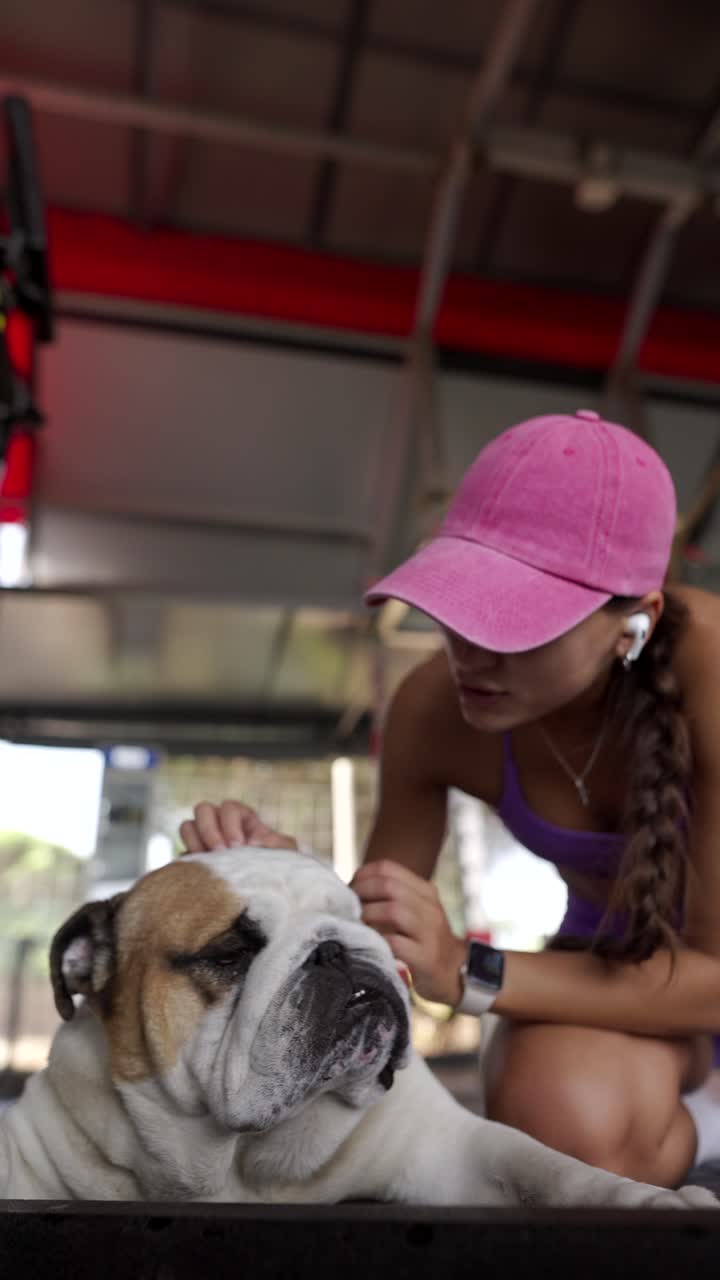 Woman Petting Bulldog While Exercising