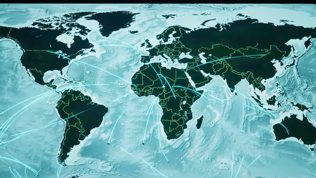 This visual highlights the global oceans and continents, showcasing key shipping routes that illustrate trade and communication pathways worldwide.