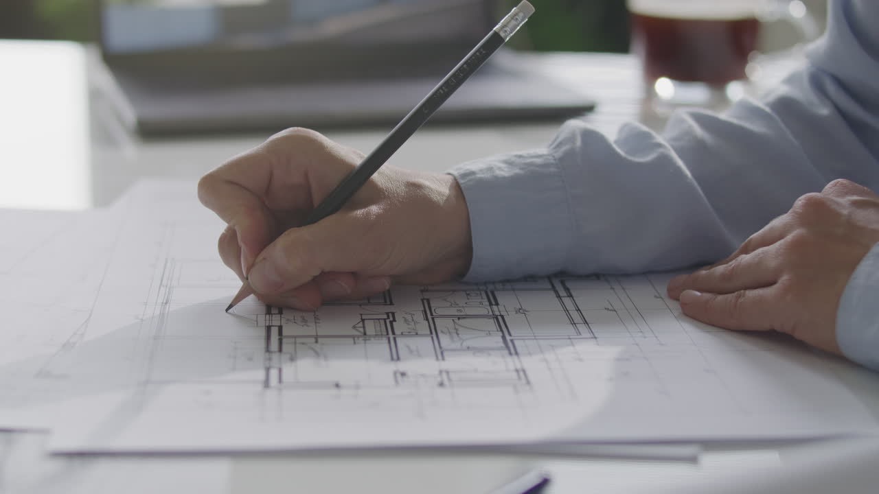 Hands of Architect Drawing Technical Blueprint on Paper at Desk