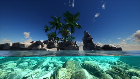 split view cross section of sea water and palm trees on island