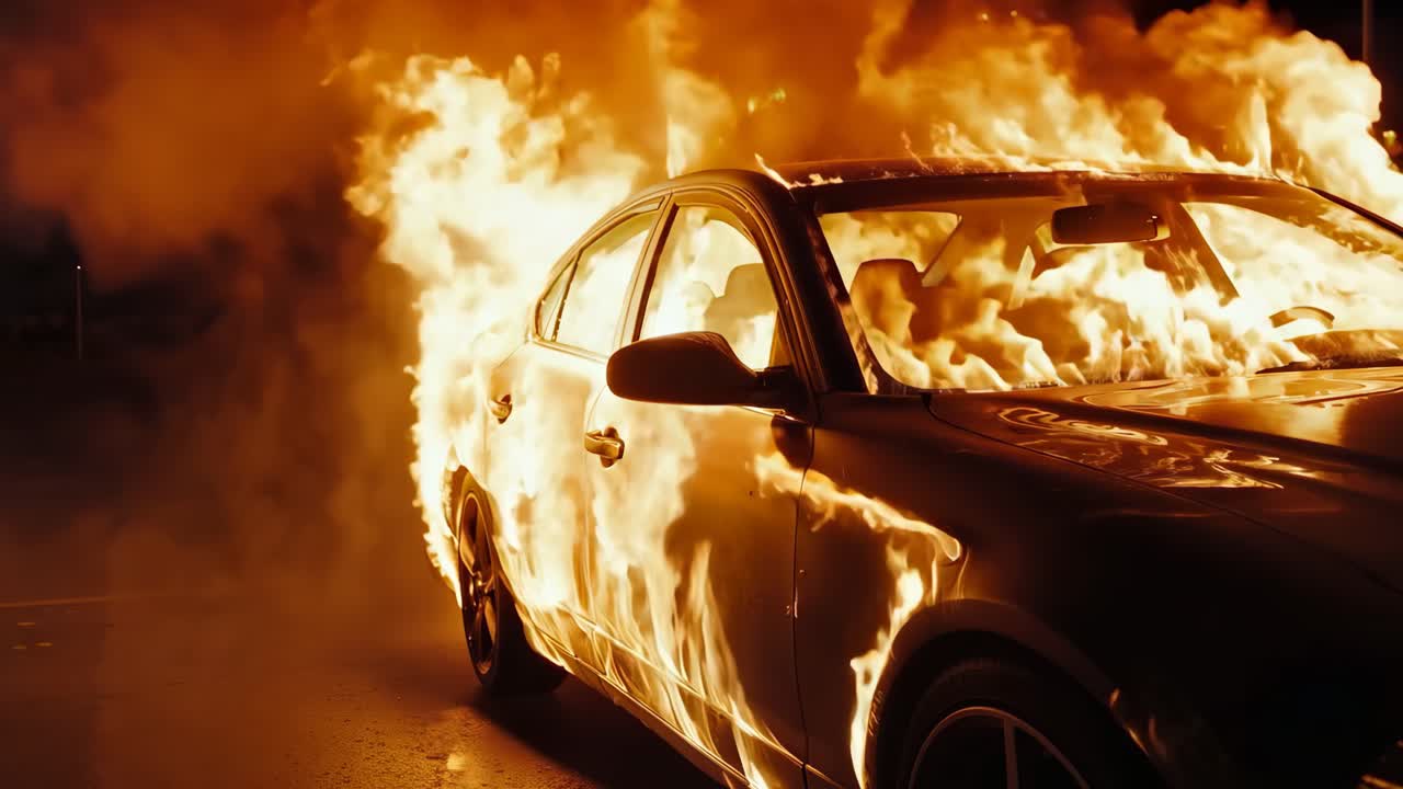 un coche en llamas al lado de la carretera