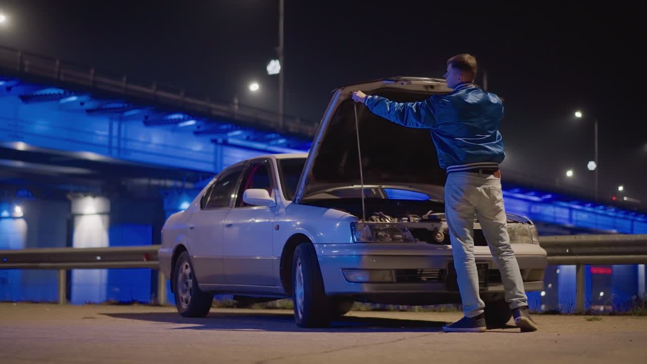 Individual working on vehicle during nighttime visit, Person carefully fixing engine amid city illuminated darkness, Man engaged in engine repair process beneath distinctive blue bridge at night