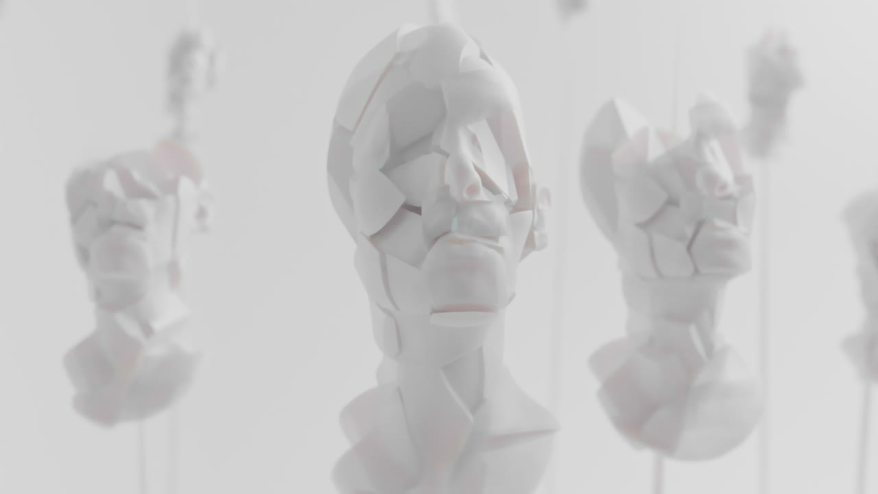 Multiple crushed android heads on spikes in white space