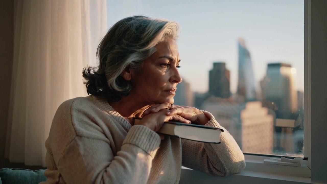Placing hardcover book on sill at home, senior smoothing cover resting on book, gazing at skyline