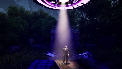 a ufo casting colorful lights, hovering above a man in black standing idle on a forest clearing, 3d animation, animated scenery, camera zoom out