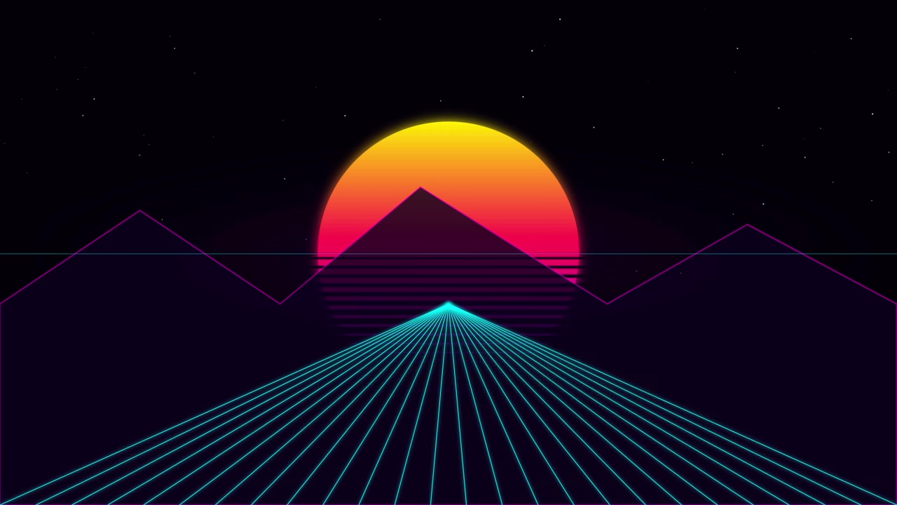 Retro Synthwave Style Animation with Glowing Sun and Mountains
