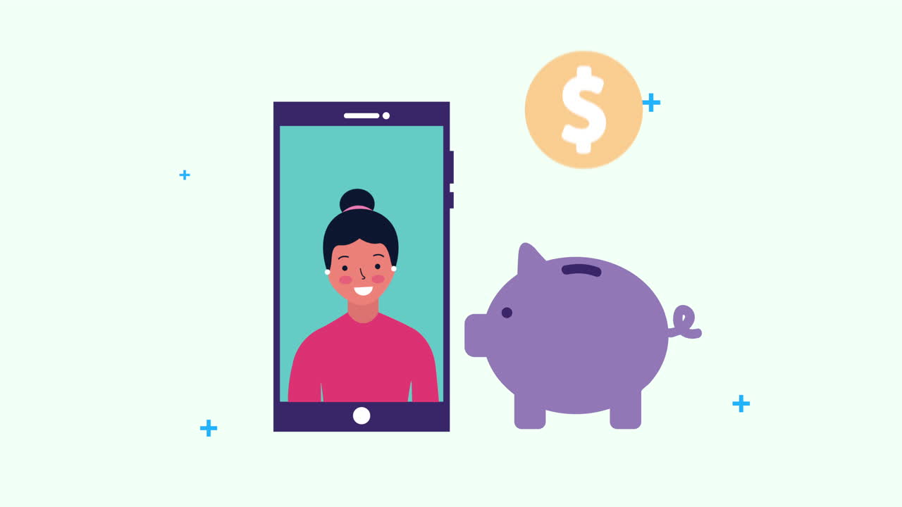 donna d'affari in smartphone con risparmi di maiale