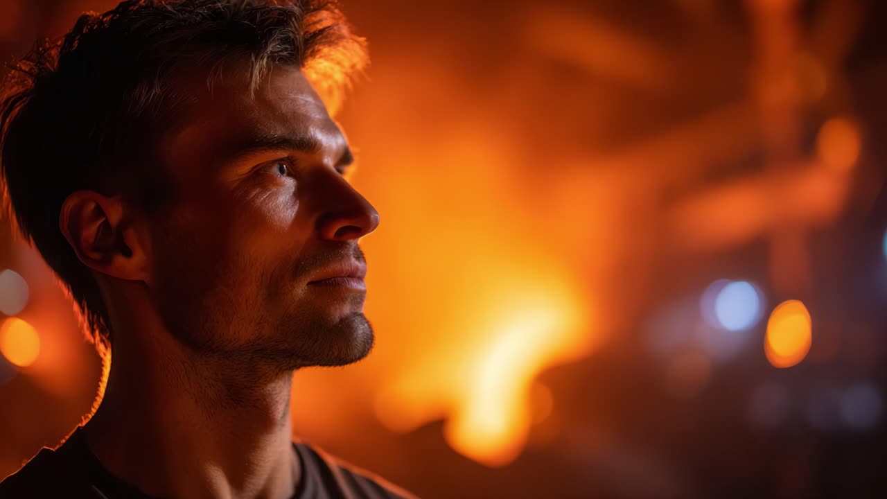 Profilo di un uomo illuminato da una luce industriale calda e brillante, che riflette sui suoi pensieri su uno sfondo di fiamme arancioni vibranti e un ambiente dinamico.
