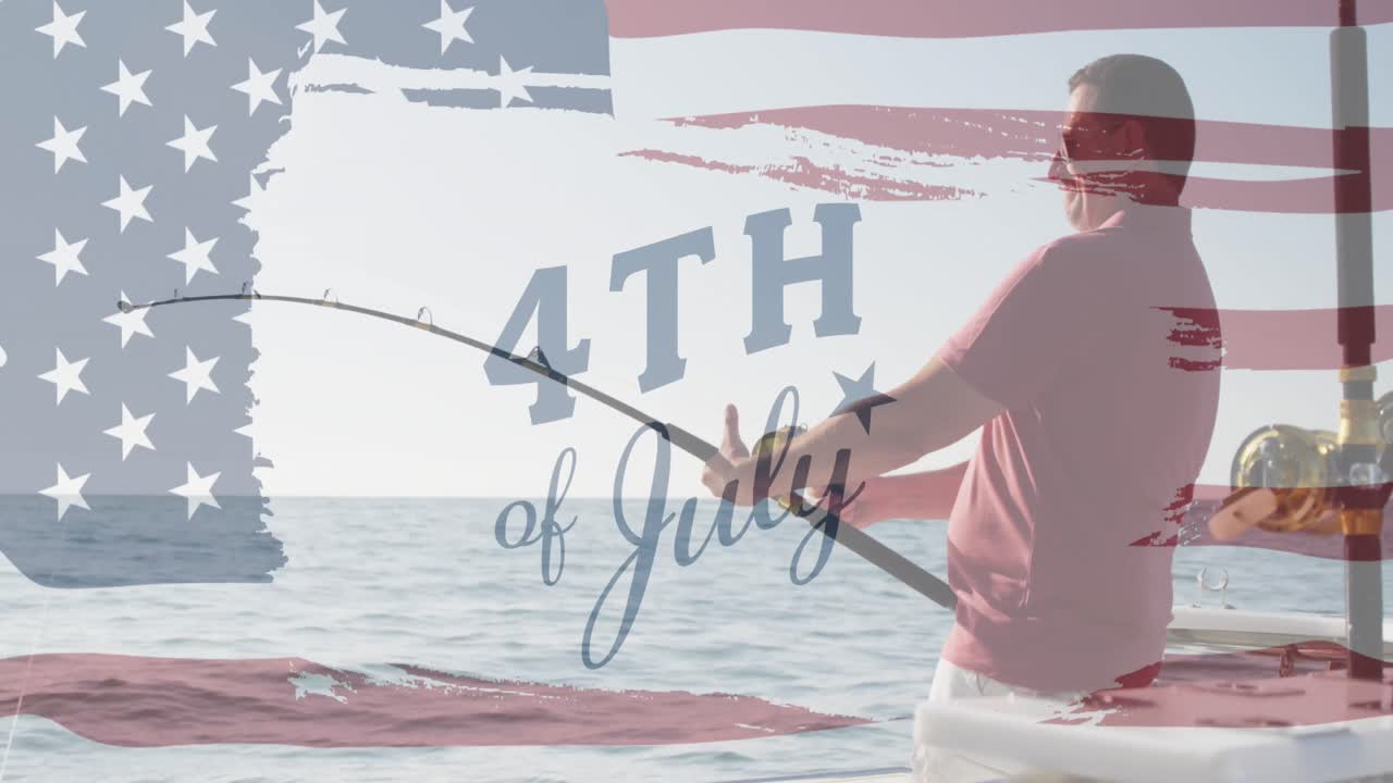 Independence text and american flag pattern design against caucasian man fishing on his boat
