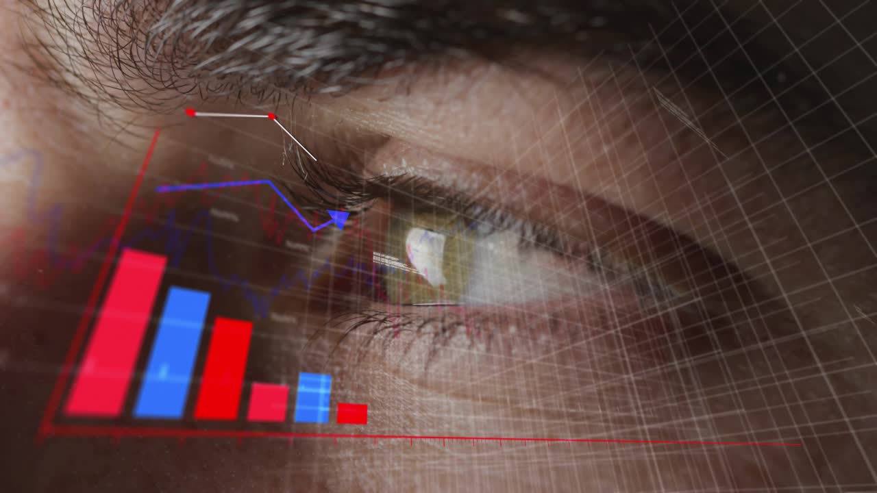Man holding eyelid viewing bicolor barchart polyline arrow line code overlay tracking trends in AR