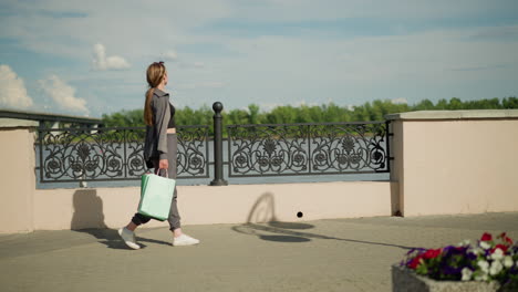 lady in grey clothing walking outdoors near a bridge, holding shopping bags, with blurred background featuring an ornate fence, greenery, and a distant bridge