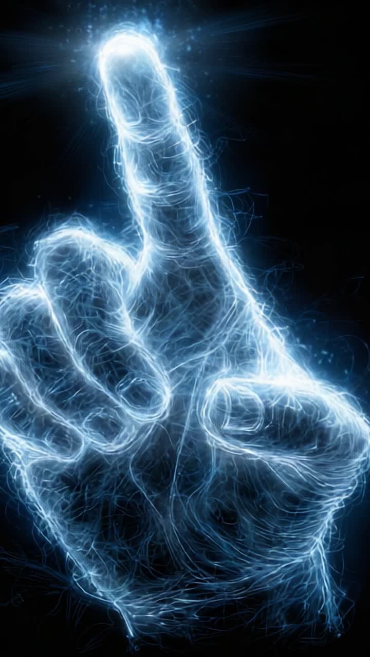 Una hipnotizante representación visual de una mano brillante extendida, iluminada por partículas de energía giratorias que crean un aura etérea de luz y movimiento.