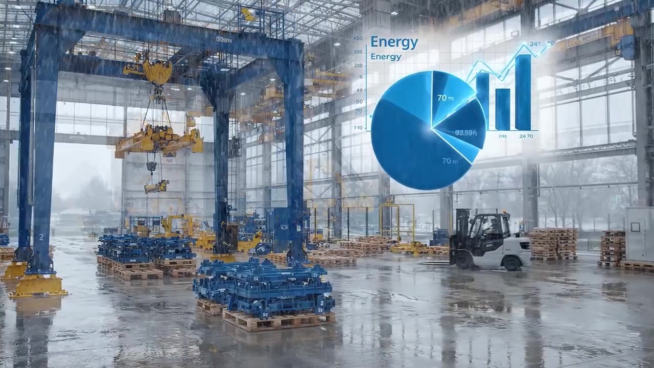 Carrello elevatore e camion che movimentano merci in un moderno magazzino industriale con sovrapposizione di dati energetici.