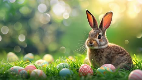 easter bunny amidst colorful eggs on a green lawn in a park, daytime with blurry background, video