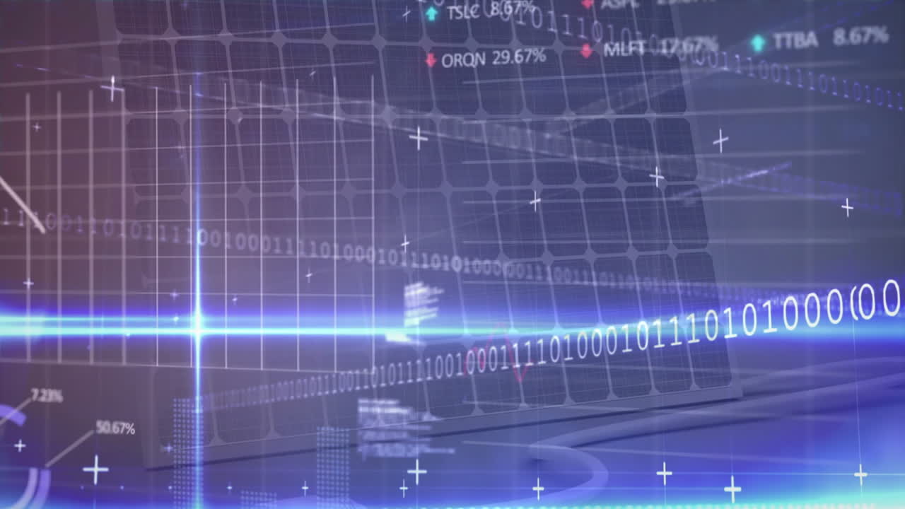 Binary code and data visualization animation over digital financial graphs