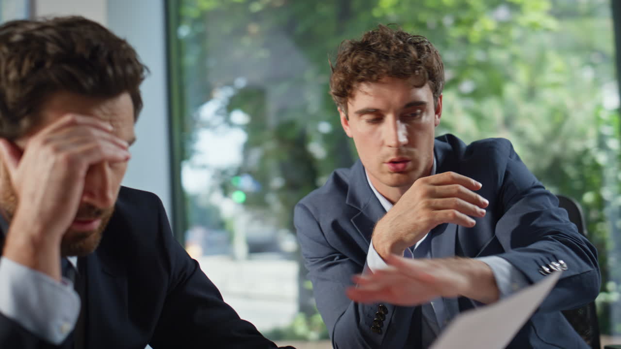 Professionals discussing tax papers at meeting closeup. Businessman declining