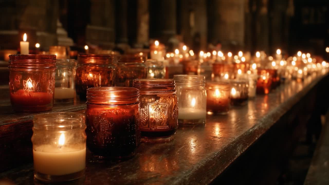 Una serena esposizione di candele illuminate in un ambiente tranquillo, che cattura il bagliore caldo e la quiete della riflessione spirituale in un ambiente suggestivo