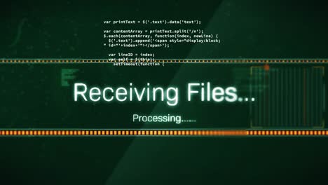 animation of receiving files and processing files text, loading bars over computer language