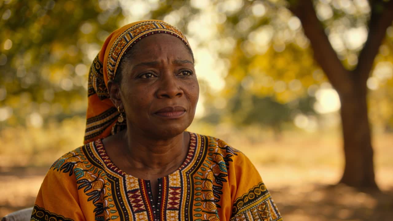 La telecamera si avvicina, una donna sotto un albero guarda fuori campo, trattenendo le lacrime, con un dashiki arancione.