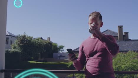 animation of data processing with wifi icons over caucasian man using smartphone