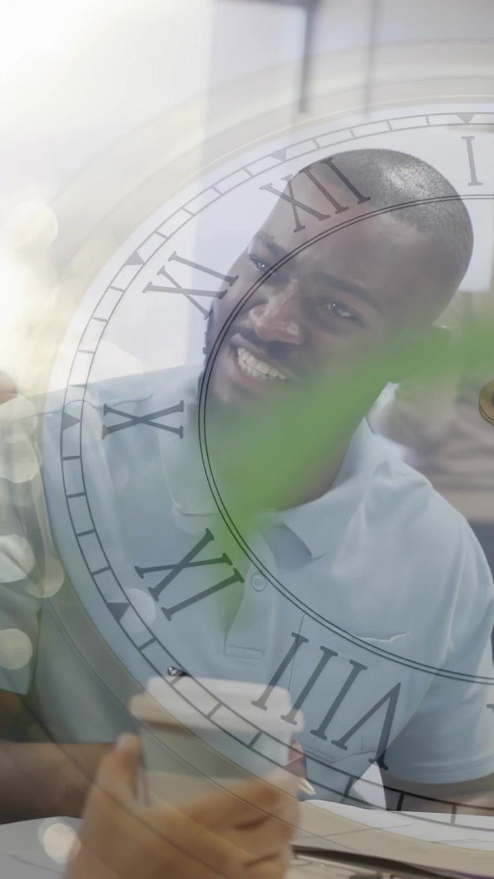 Offframe question starting, man sitting holding cup, writing and engaging in meeting under clock