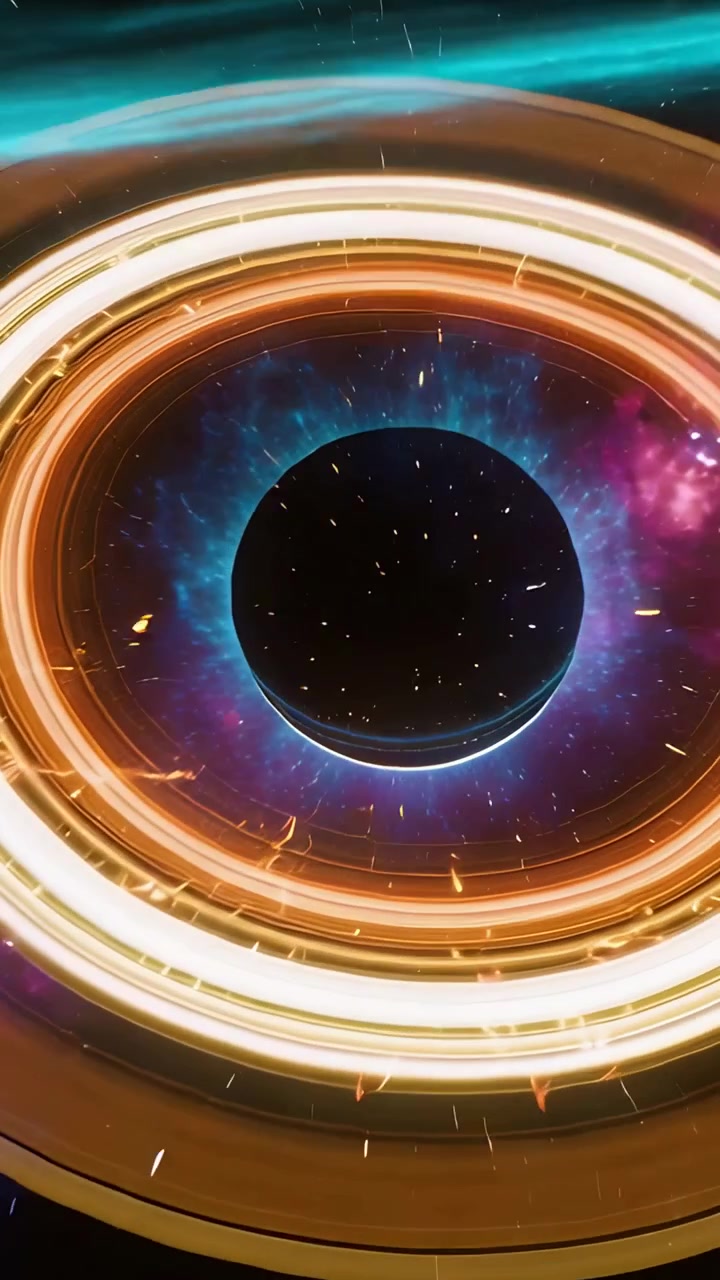 Vertical video: Pulling back cam, dark planet rotating in space, rings revealing cyan nebula sparks