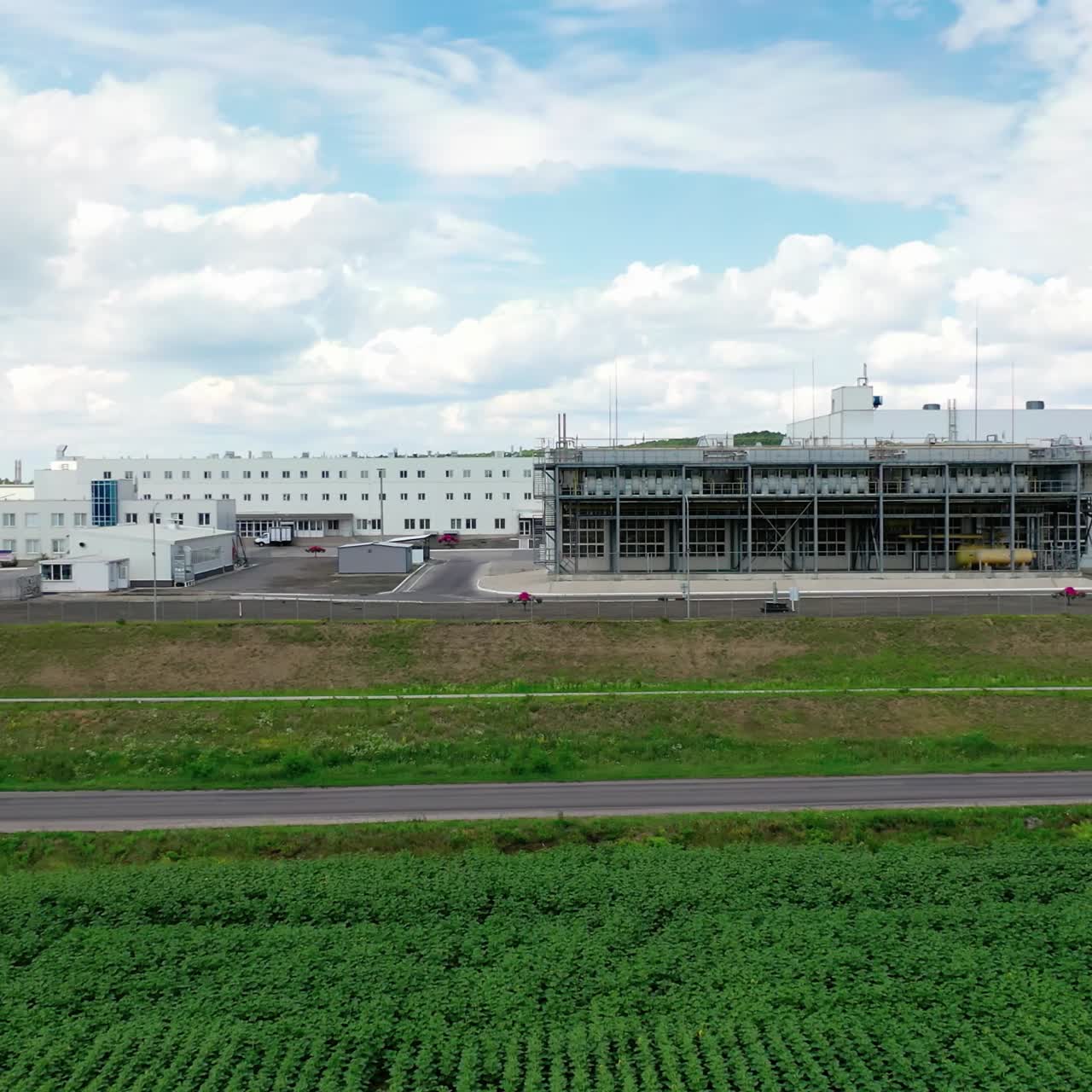 Modern Factory Exterior. Aerial footage of a large industrial complex