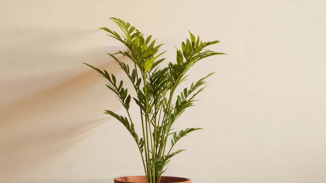 L'inquadratura della telecamera si stringe, concentrandosi su una pianta verde su una parete color tortora, mostrando le foglie superiori e l'ombra del vaso di terracotta.