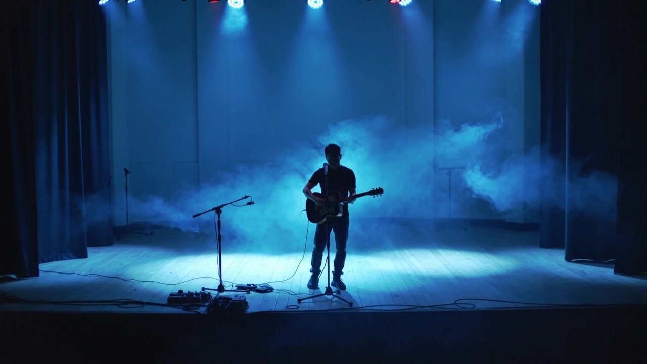 Gående musiker iført jeans går til midten af scenen efter lyssignal, justerer guitaren ind i mikrofonen for at optræde.