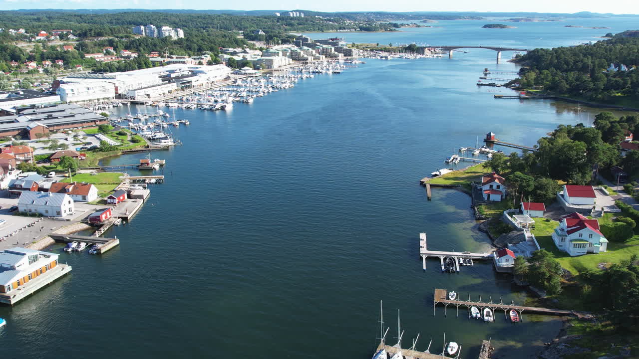 Aerial drone shot of Stenungsund harbor with boats and blue water in the day in Bohuslan, Sweden