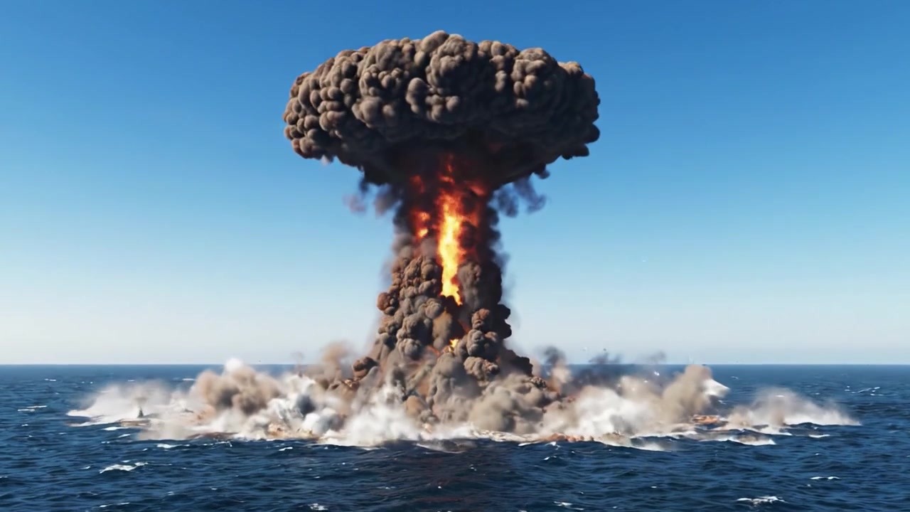 Spektakulær visualisering av en katastrofal hav-eksplosjon fanget i to bilder, som viser transformasjonen fra den første eksplosjonen til en massiv soppsky.
