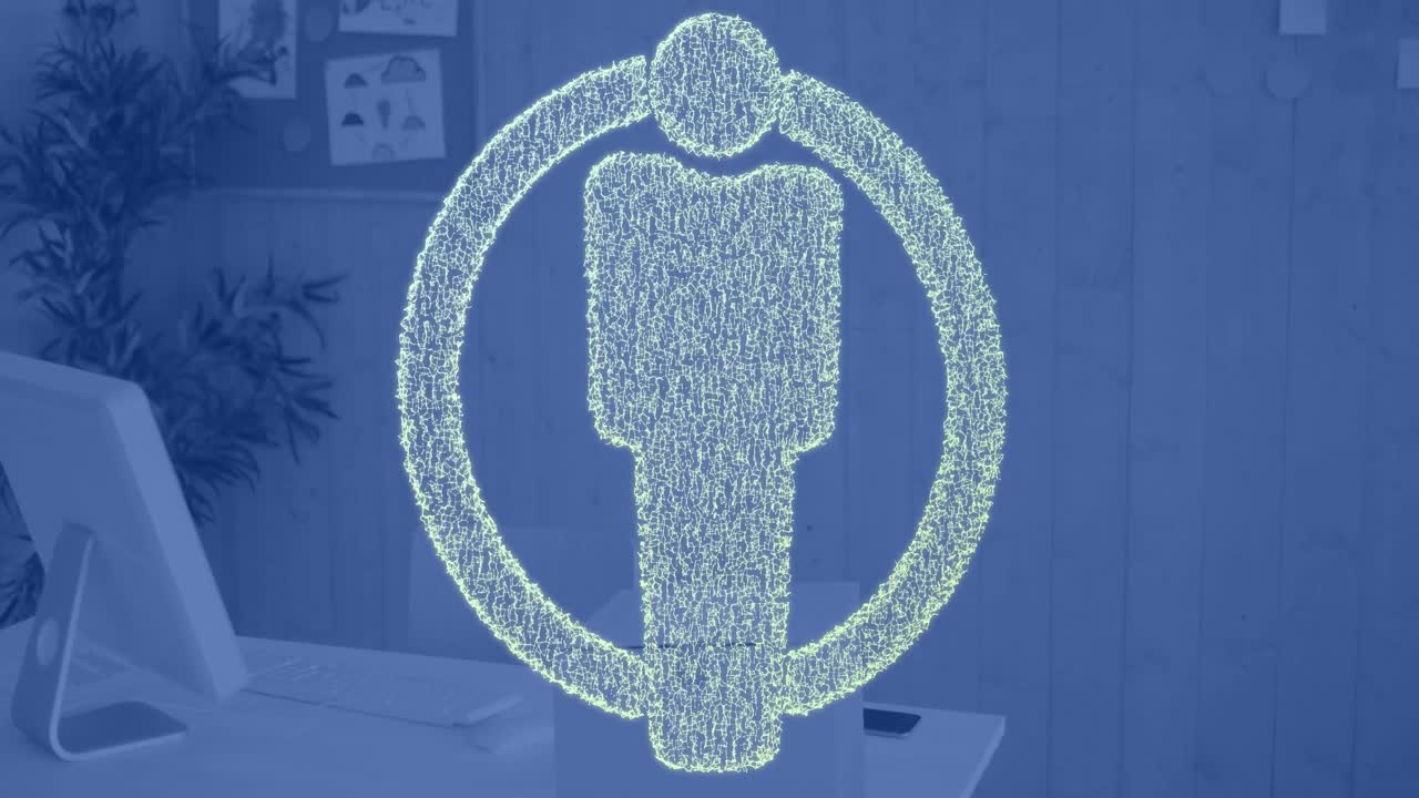 animación de las personas icono y alcance sobre la computadora en la oficina.