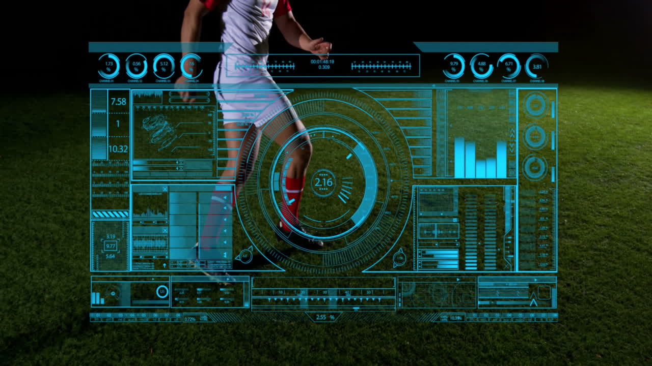 Kicking soccer ball, player with digital animation overlay on grassy field
