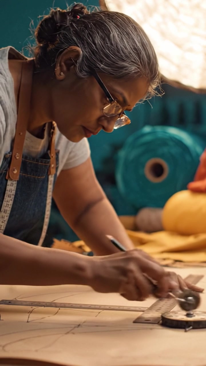 Processo di lavorazione artigianale: Focus dettagliato su una donna esperta che misura e taglia materiali per la pelletteria in un ambiente di laboratorio creativo.