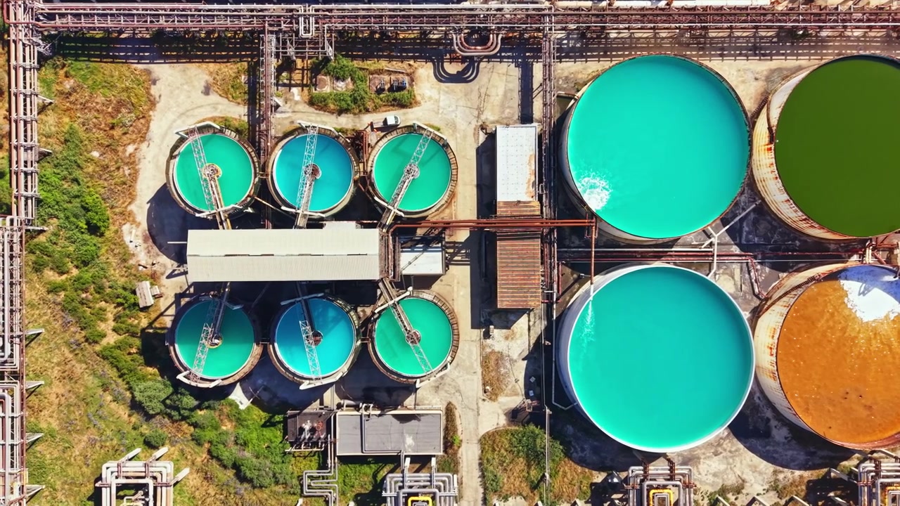 Industrial facility with large round storage tanks filled with liquids in different colors captured from above in broad daylight