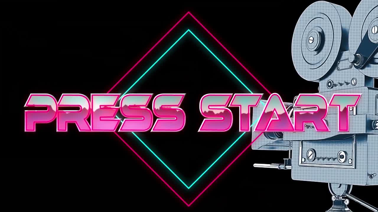 핑크 메탈릭으로 인쇄 시작 텍스트의 애니메이션, 검은색에 네온 선 위에 영화 카메라