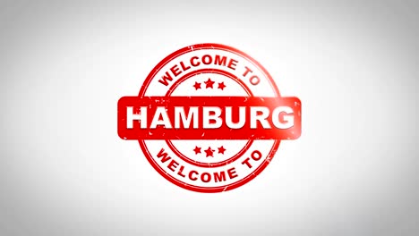 welcome to hamburg  signed stamping text wooden stamp animation. red ink on clean white paper surface background with green matte background included.